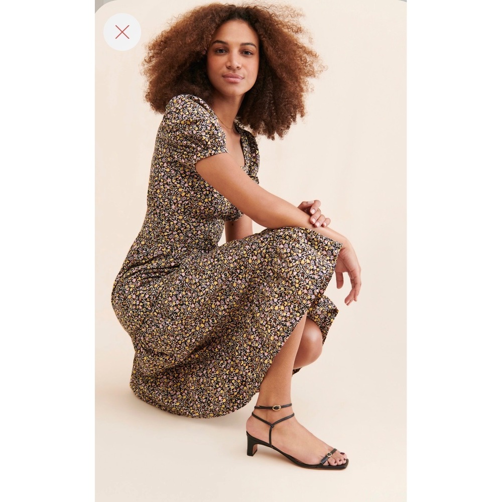 Free People Heartlands Midi Dress Black Floral Puff Sleeve Tiered Size Large